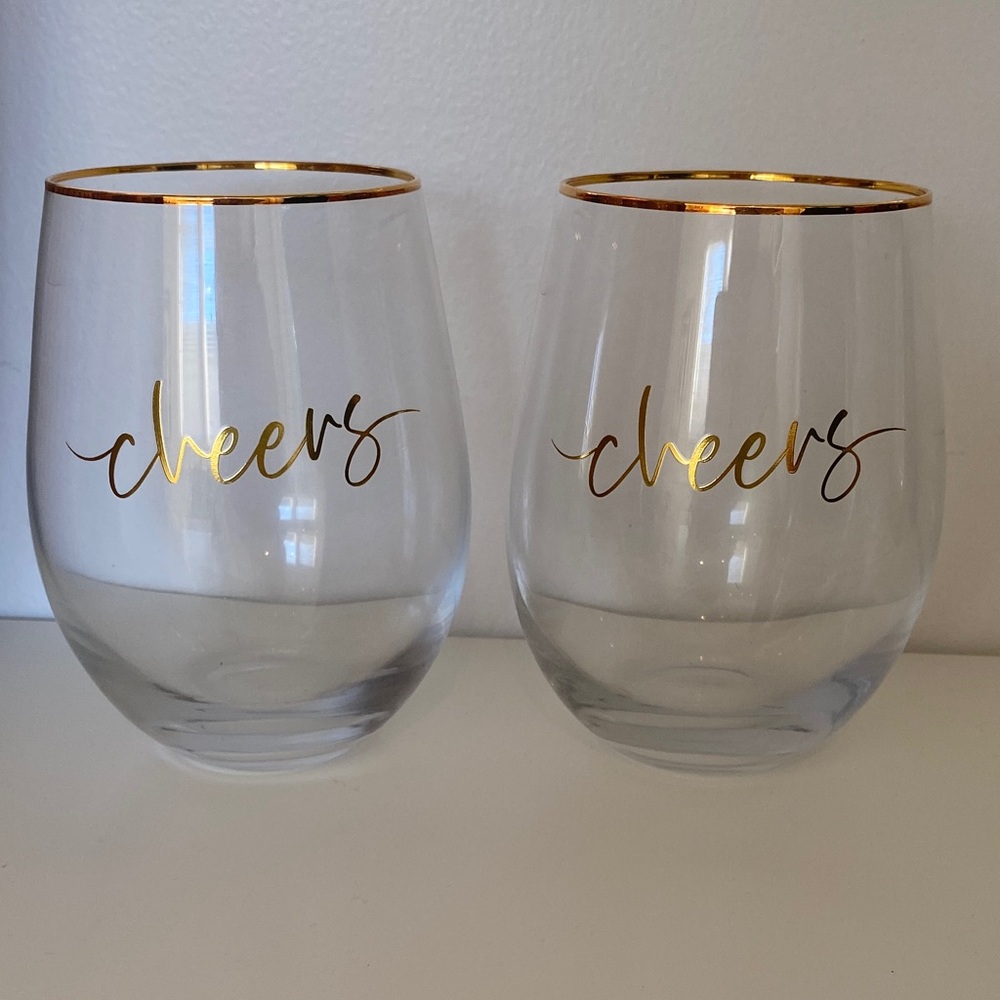 Set of Two Cheers Stemless Wine Glasses with Gold Accents